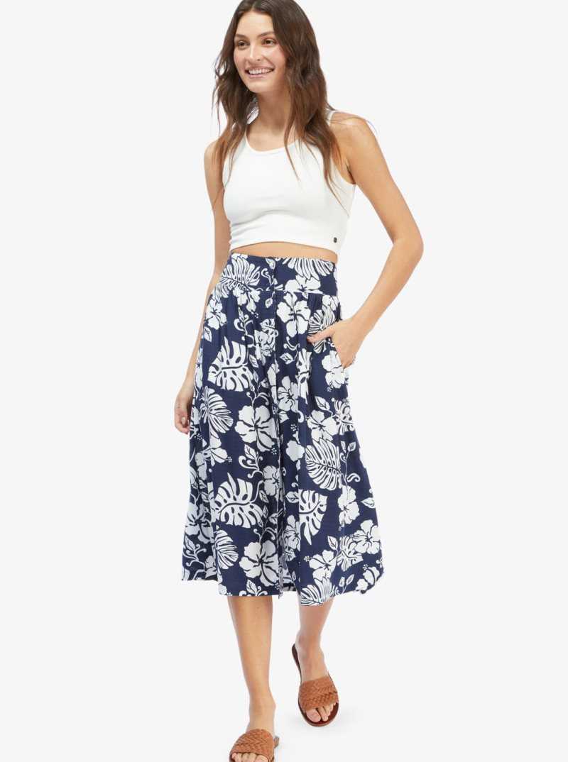 Roxy Never Been Better Midi Skirt Mood Indigo Heritage Floral | VOAWN-0298