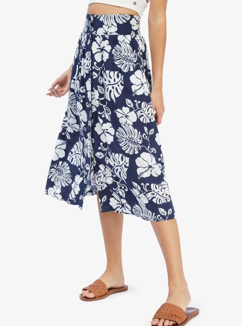 Roxy Never Been Better Midi Skirt Mood Indigo Heritage Floral | VOAWN-0298