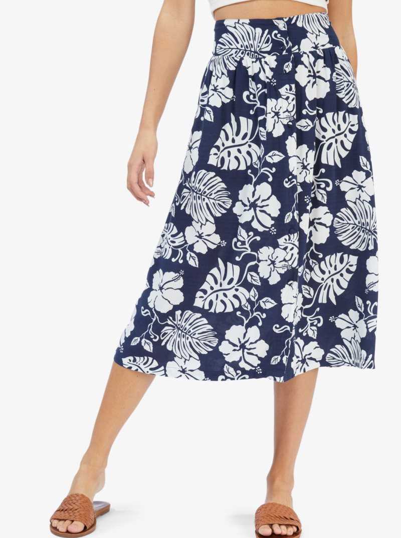 Roxy Never Been Better Midi Skirt Mood Indigo Heritage Floral | VOAWN-0298