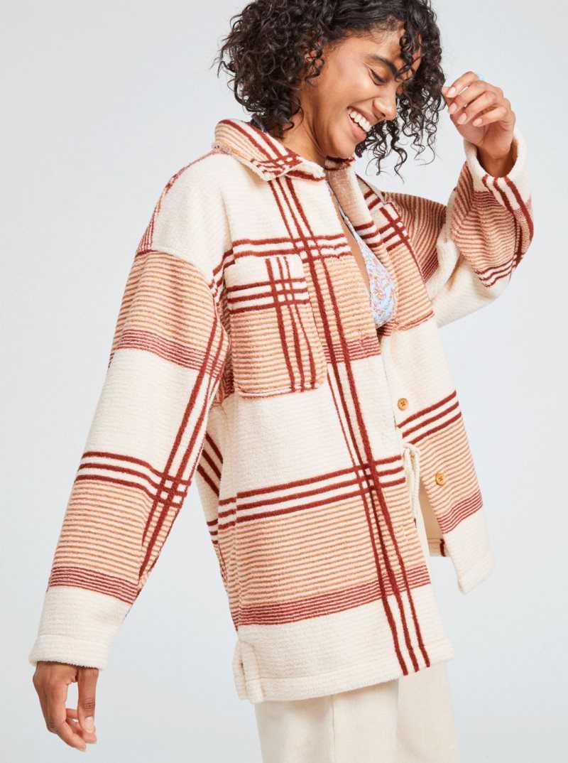 Roxy Next Adventure Printed Oversized Fleece Shacket Snow White Smala Plaid | UTWXR-8910