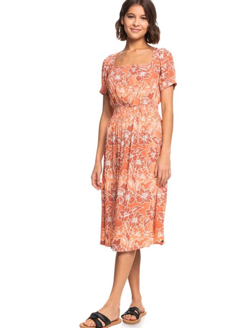 Roxy Palmy Breeze Printed Short Sleeve Midi Dress Papaya Punch Sweet And Salty | MSUJW-8026