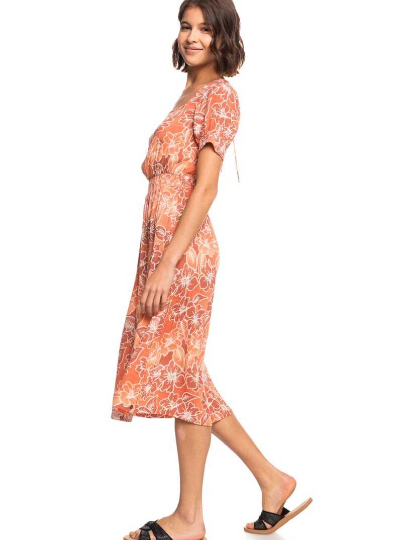 Roxy Palmy Breeze Printed Short Sleeve Midi Dress Papaya Punch Sweet And Salty | MSUJW-8026