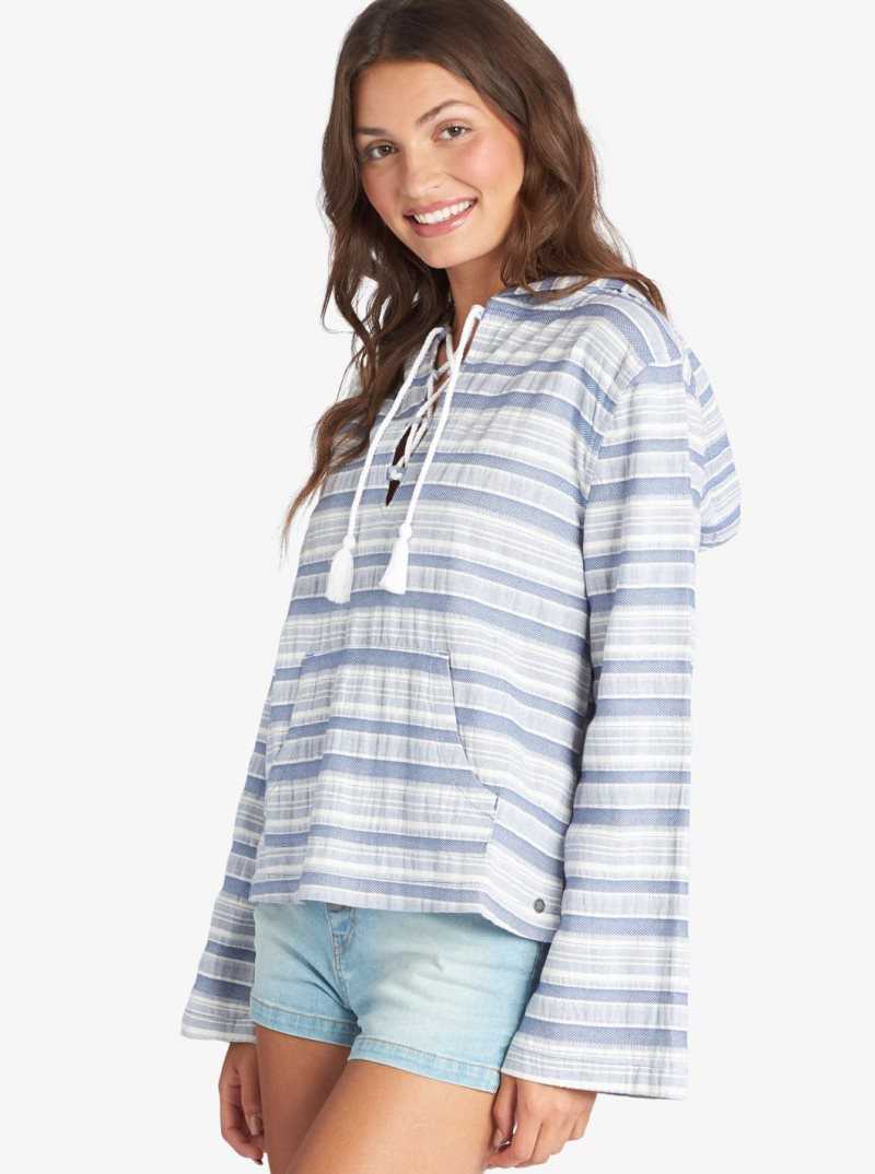 Roxy Paradise Calling Woven Poncho Hoodie Bijou Blue River Stripe | IKUFO-0852