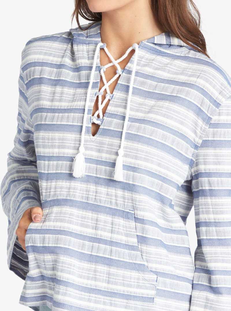 Roxy Paradise Calling Woven Poncho Hoodie Bijou Blue River Stripe | IKUFO-0852