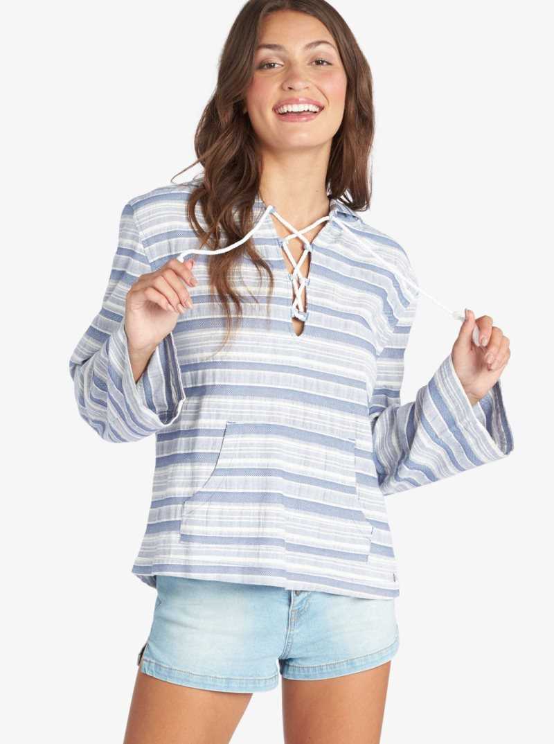 Roxy Paradise Calling Woven Poncho Hoodie Bijou Blue River Stripe | IKUFO-0852