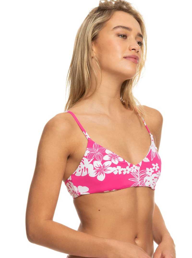 Roxy Printed Beach Classics Athletic Triangle Bikini Top Shocking Pink Hello Aloha | EVPWK-9408