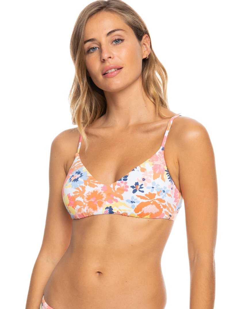 Roxy Printed Beach Classics Athletic Triangle Bikini Top Bright White Floral Escape S | KGNZT-0463