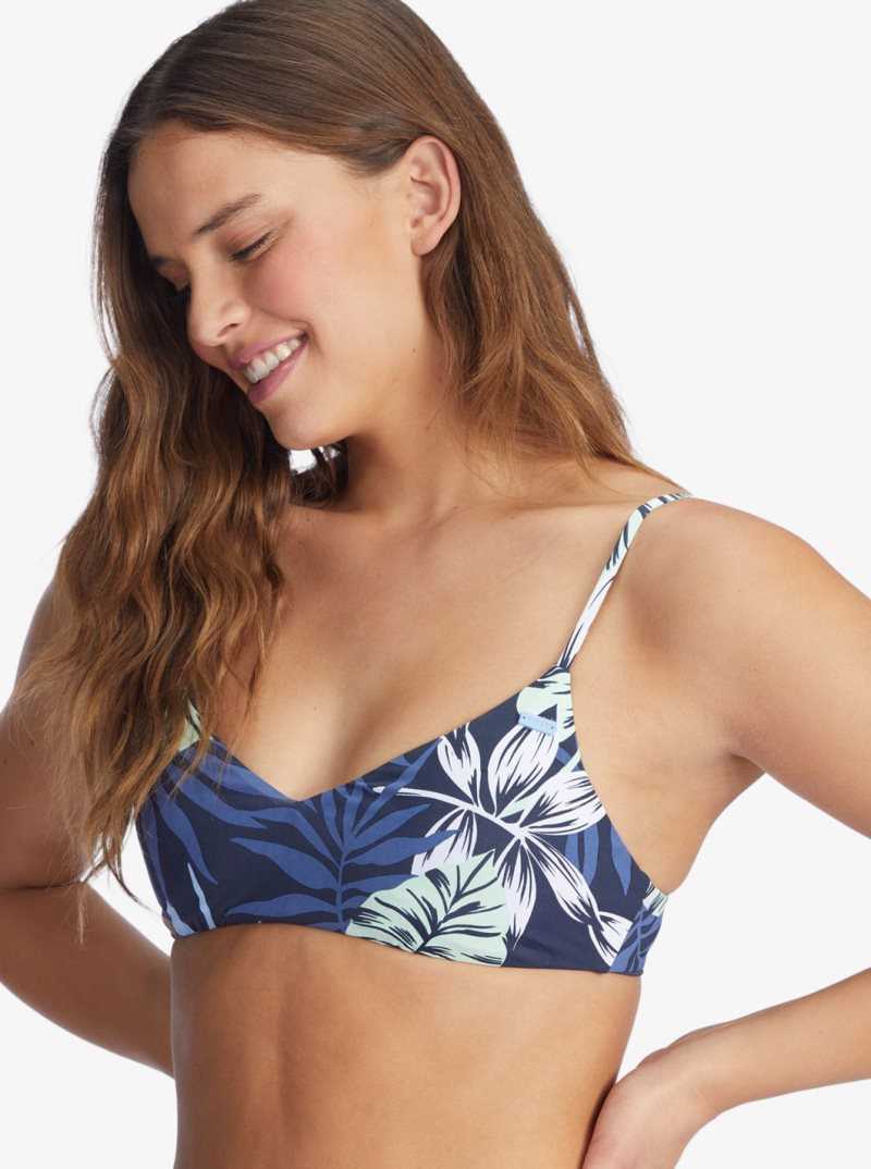 Roxy Printed Beach Classics Athletic Triangle Bikini Top Mood Indigo Seaside Tropics | ZFQOX-5906