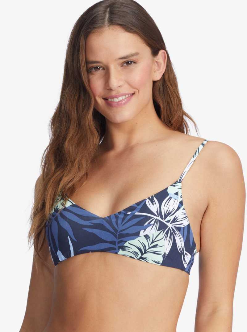 Roxy Printed Beach Classics Athletic Triangle Bikini Top Mood Indigo Seaside Tropics | ZFQOX-5906