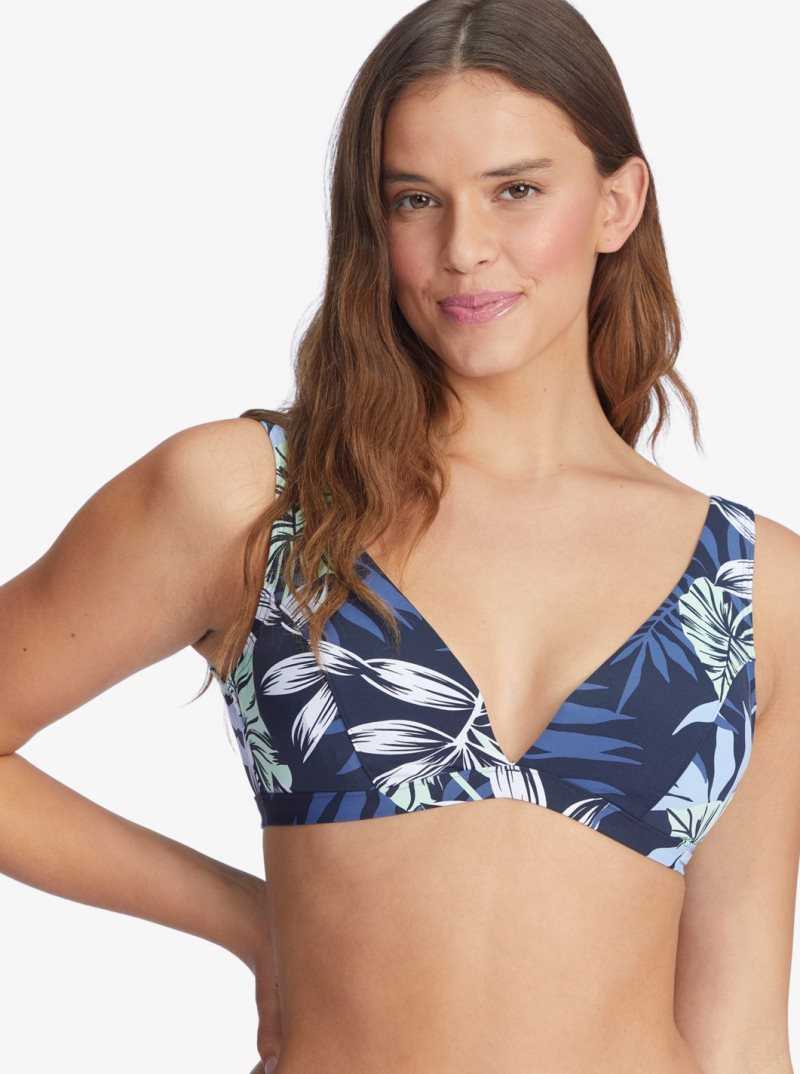 Roxy Printed Beach Classics D-Cup Underwire Triangle Bikini Top Mood Indigo Seaside Tropics | NQGAK-7286