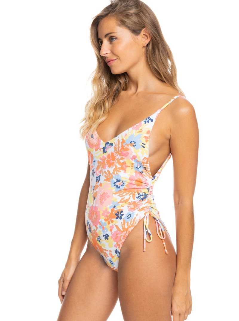 Roxy Printed Beach Classics One-Piece Swimsuit Bright White Floral Escape S | UVNFS-2136