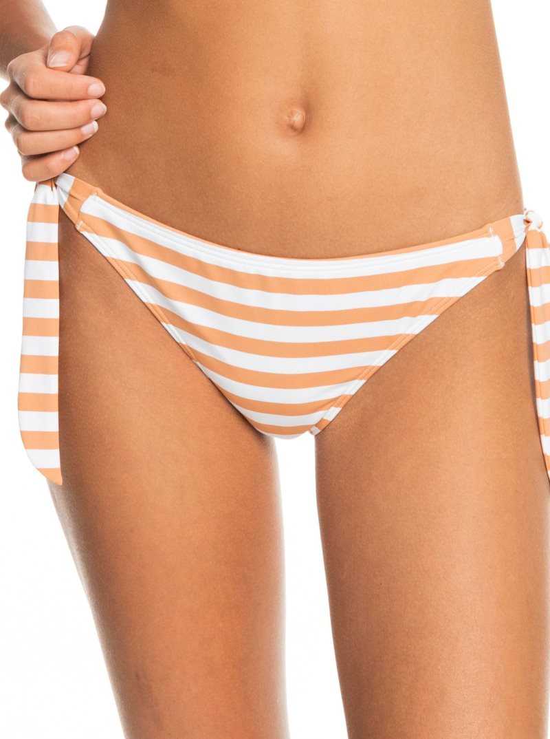 Roxy Printed Beach Classics Tie Side Cheeky Bikini Bottoms Toasted Nut Rapta Stripe S | DHMCL-4623