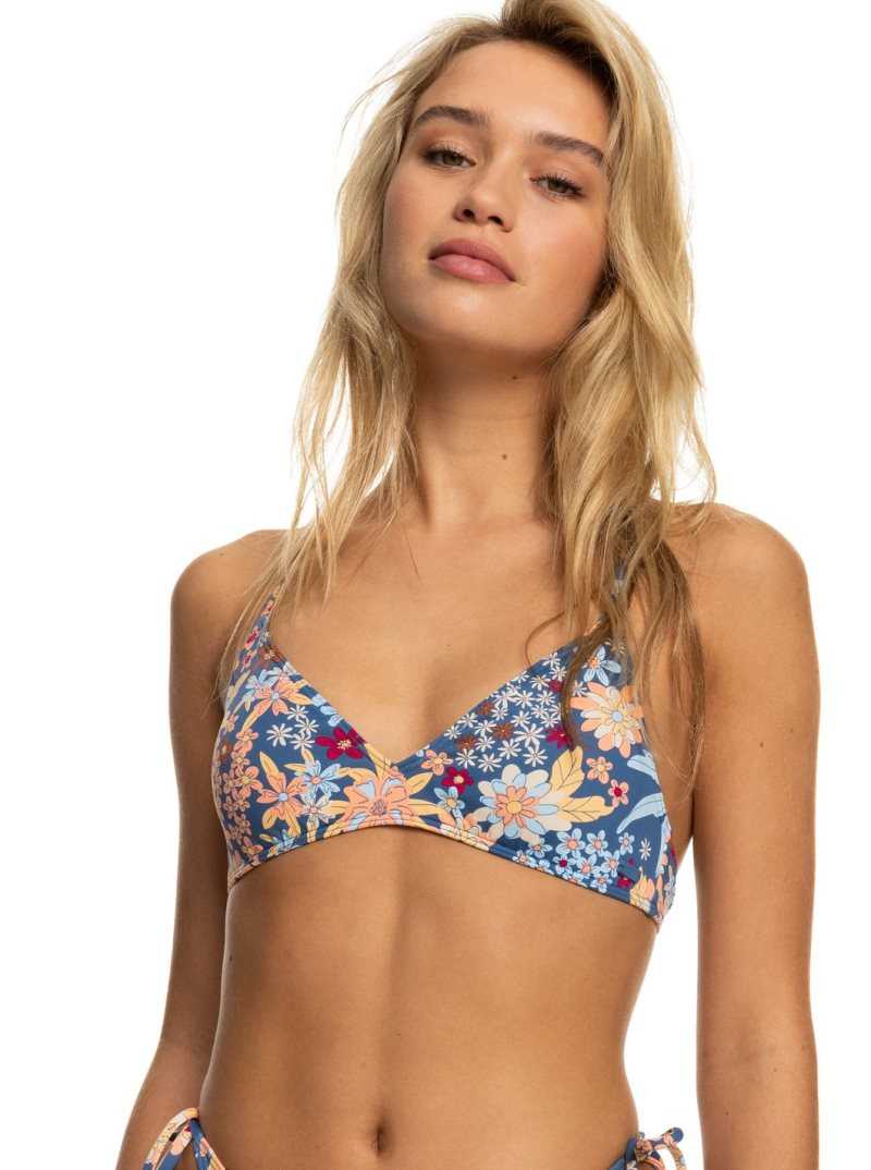 Roxy Printed Beach Classics Triangle Athletic Bikini Top Bijou Blue New Tropic Flat | WFBXR-3045