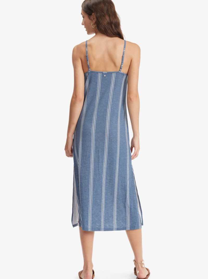 Roxy Promised Land Strappy Midi Dress Bijou Blue Ocean Stripe | UWMSN-0372