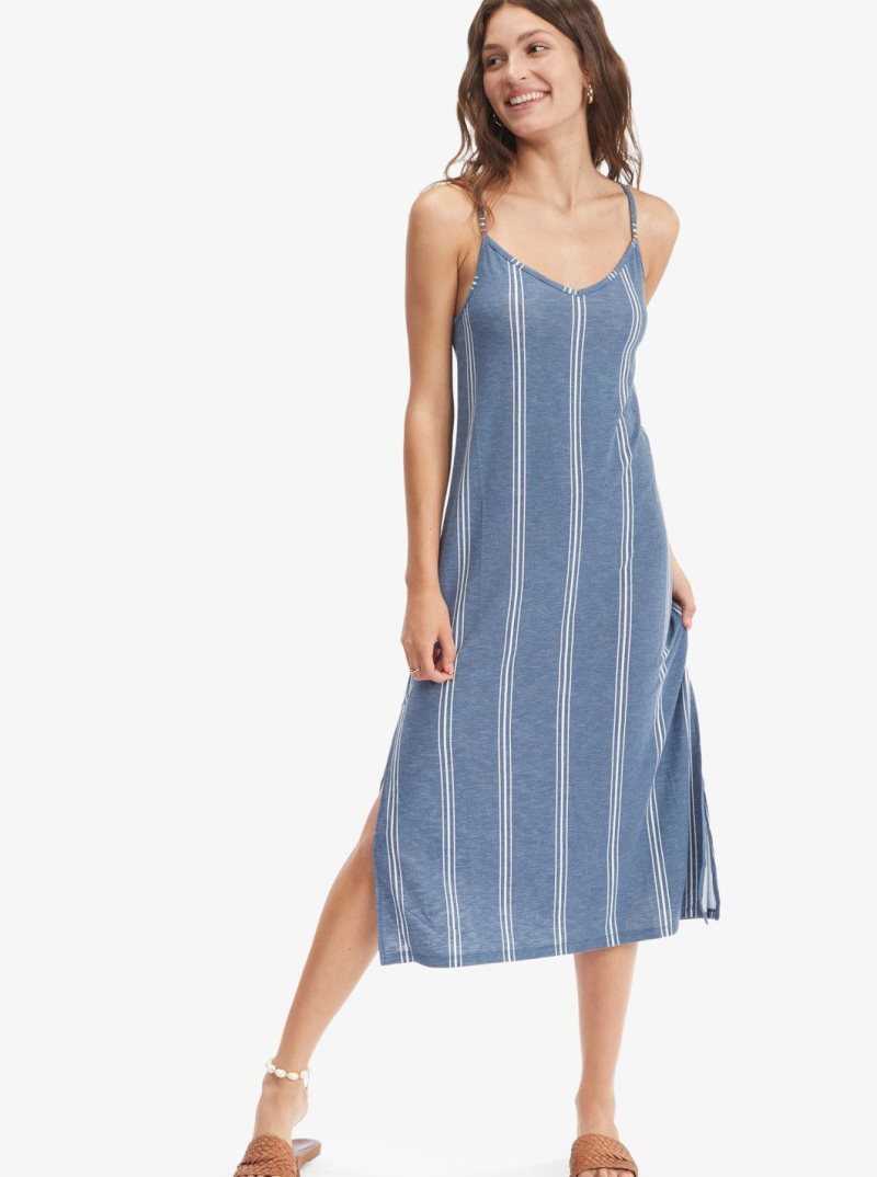 Roxy Promised Land Strappy Midi Dress Bijou Blue Ocean Stripe | UWMSN-0372