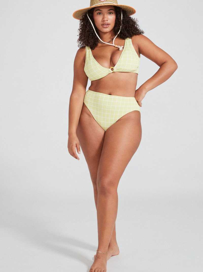 Roxy Salty Shine High-Waisted Bikini Bottom Linden Green Check Me Out  S | TOVYX-5219