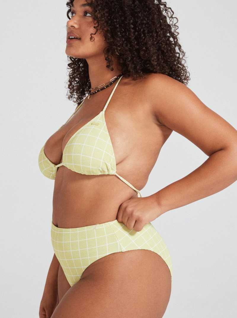 Roxy Salty Shine High-Waisted Bikini Bottom Linden Green Check Me Out  S | TOVYX-5219