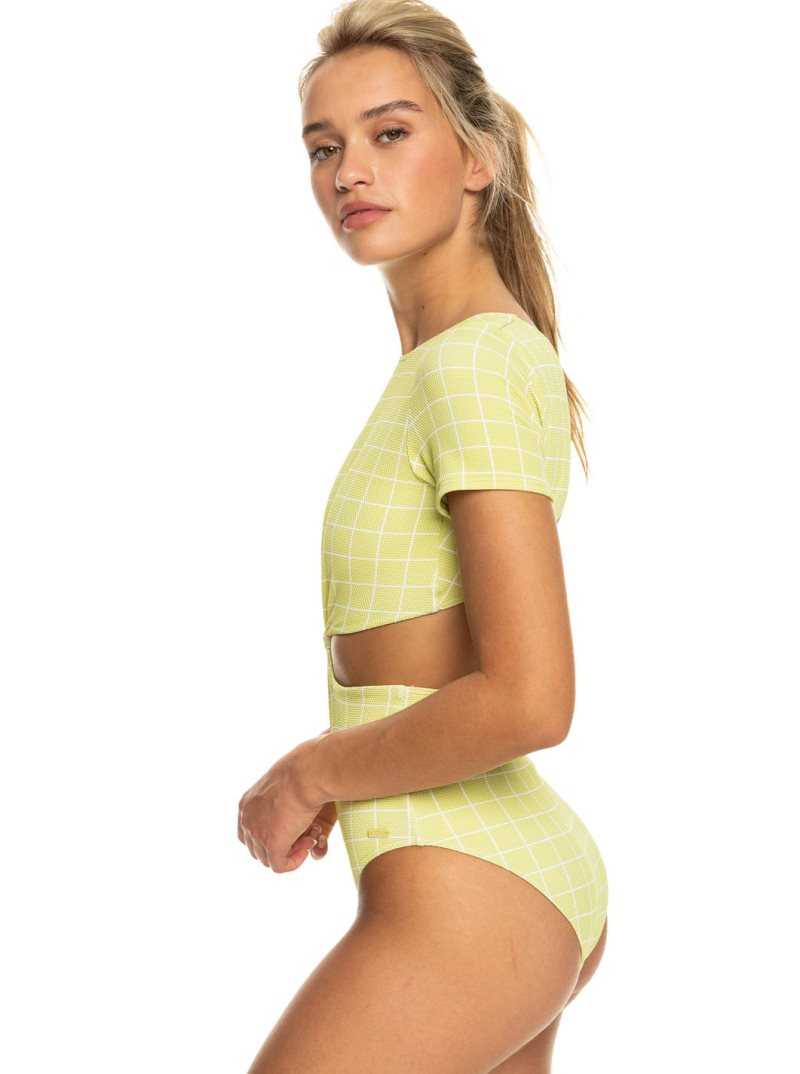 Roxy Salty Shine Short-Sleeve One-Piece UPF 50 Swimsuit Linden Green Check Me Out  S | RHSGQ-5834