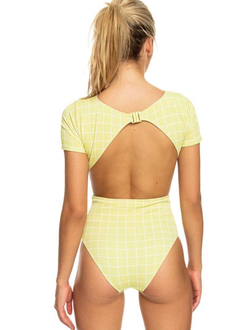 Roxy Salty Shine Short-Sleeve One-Piece UPF 50 Swimsuit Linden Green Check Me Out  S | RHSGQ-5834