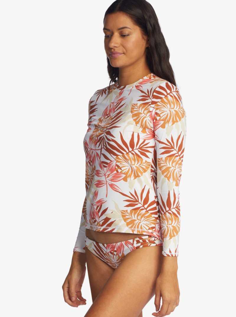 Roxy Sea Skippin Long Sleeve UPF 50 Rashguard Snow White Seaside Tropics | PFXKI-4960