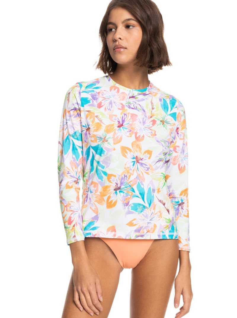 Roxy Sea Skippin UPF 50 Long Sleeve Rashguard Snow White Pualani Combo | DVIJY-0158