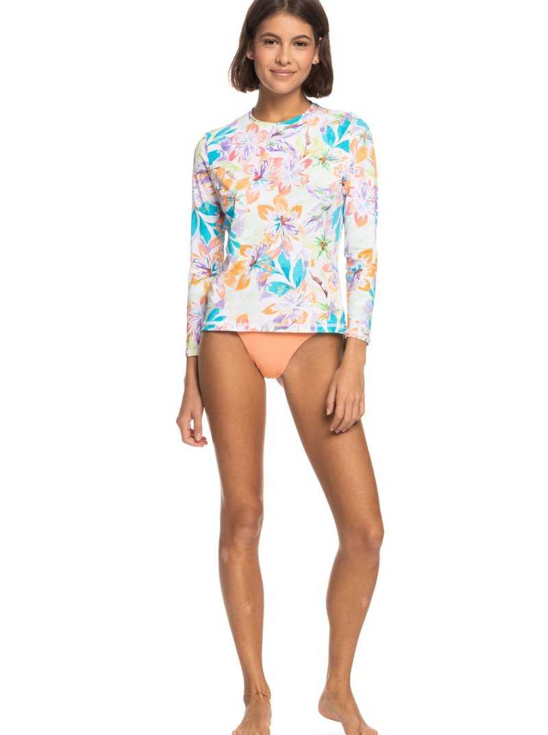 Roxy Sea Skippin UPF 50 Long Sleeve Rashguard Snow White Pualani Combo | DVIJY-0158