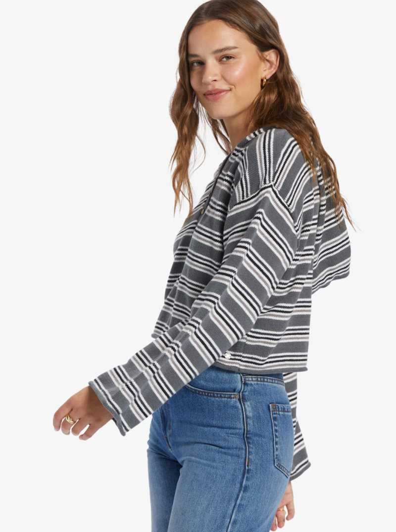 Roxy Side Swipe Poncho Hoodie Anthracite Retro Rays Stripe | IQETX-7956