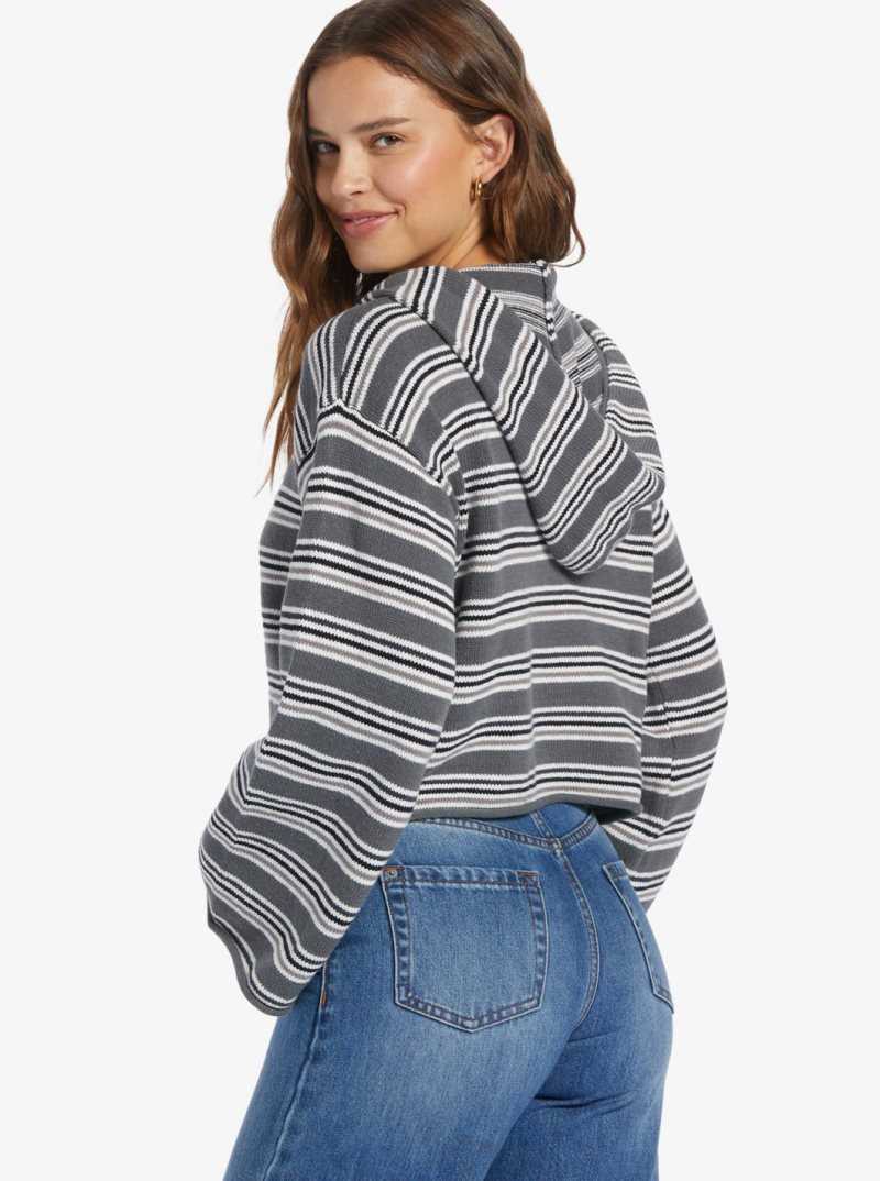 Roxy Side Swipe Poncho Hoodie Anthracite Retro Rays Stripe | IQETX-7956