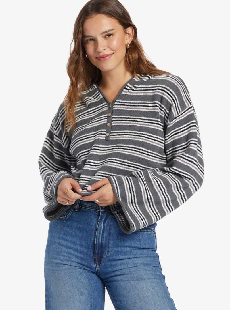 Roxy Side Swipe Poncho Hoodie Anthracite Retro Rays Stripe | IQETX-7956