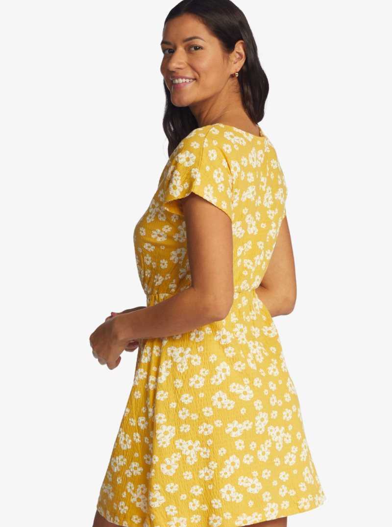 Roxy Simple Thoughts Knit Mini Dress Yolk Yellow Flower Power Ditsy | JOLIF-2783