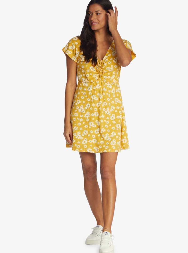 Roxy Simple Thoughts Knit Mini Dress Yolk Yellow Flower Power Ditsy | JOLIF-2783