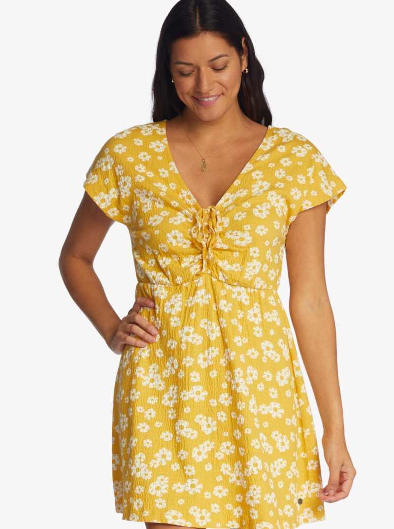 Roxy Simple Thoughts Knit Mini Dress Yolk Yellow Flower Power Ditsy | JOLIF-2783