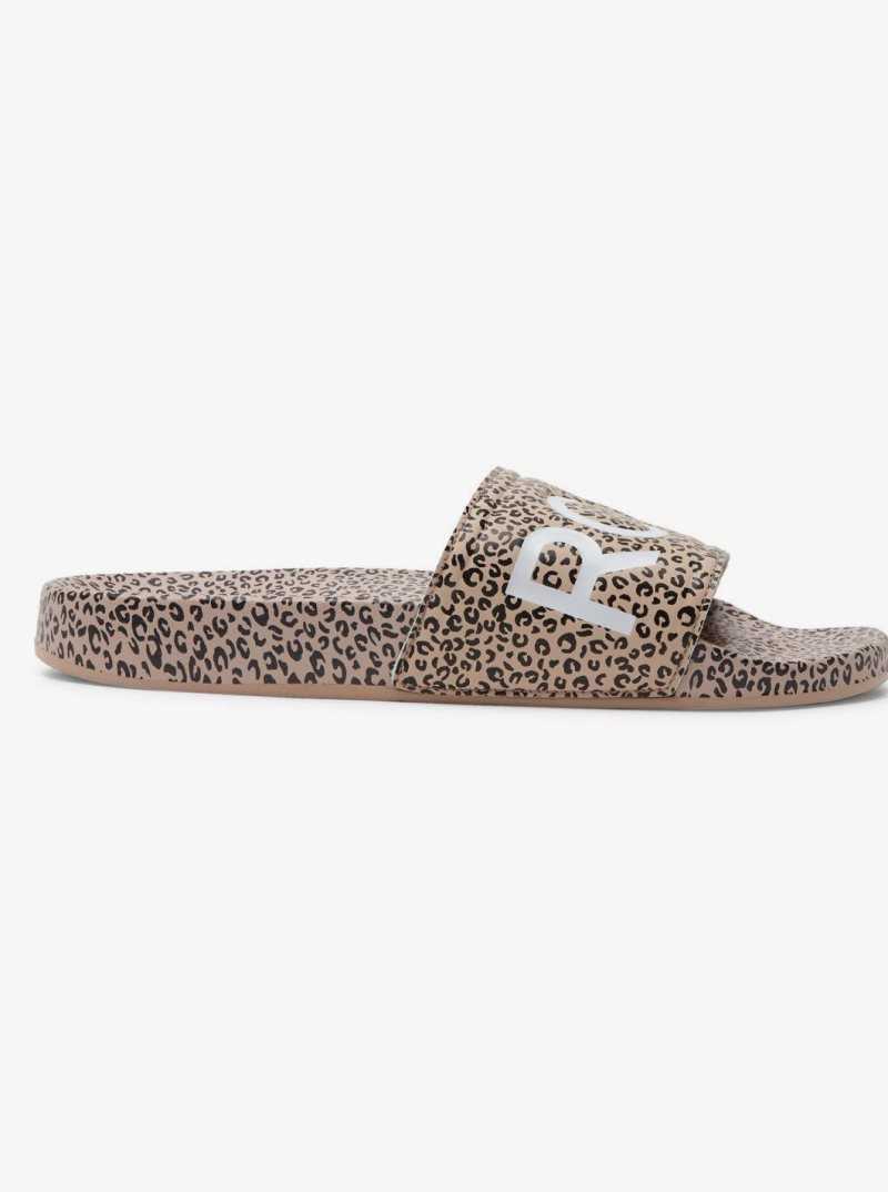 Roxy Slippy Printed Slide Sandals Cheetah Print | JFQER-4208