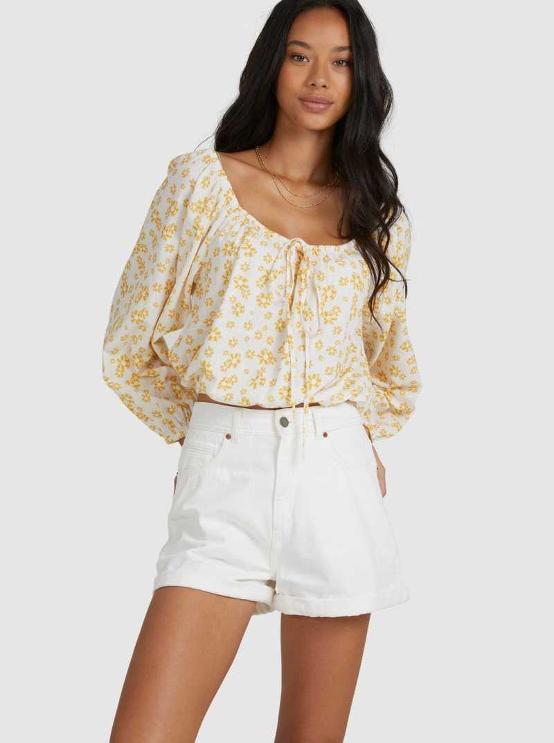 Roxy Soho Sessions Long Sleeve Off The Shoulder Top Bright White Mini Flower Ditsy | YDMPF-5046