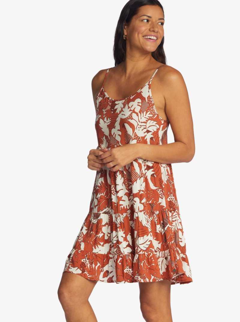 Roxy Teen Dream Woven Strappy Dress Baked Clay Retro Floral | TBNHV-7980