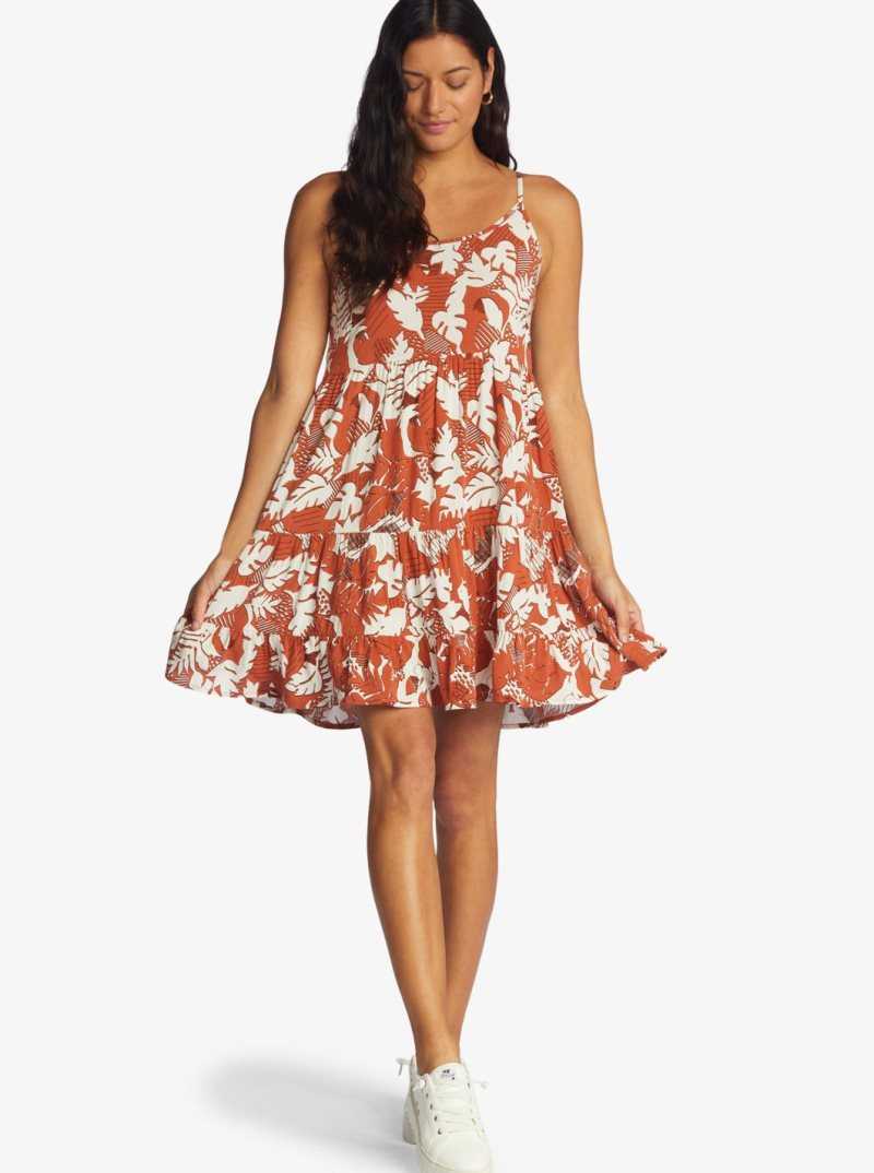 Roxy Teen Dream Woven Strappy Dress Baked Clay Retro Floral | TBNHV-7980