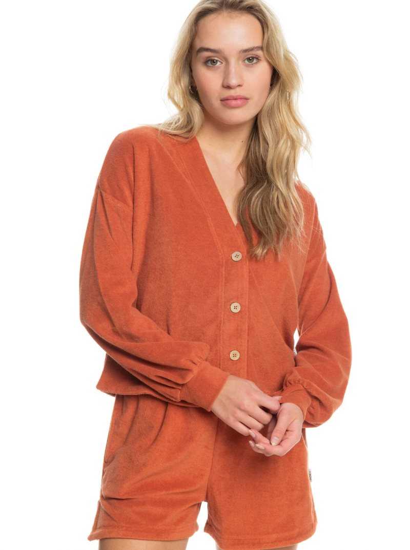 Roxy Threes Company Organic Button-Front Cardigan Sweater Baked Clay | ZQMBA-3854