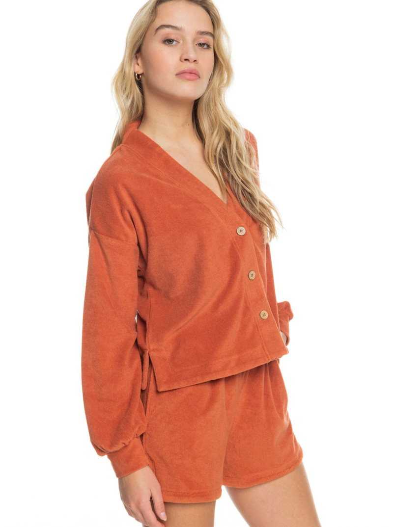 Roxy Threes Company Organic Button-Front Cardigan Sweater Baked Clay | ZQMBA-3854