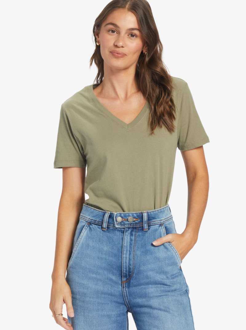 Roxy Tropical Oasis V-Neck T-Shirt Deep Lichen Green | EJAQI-6971