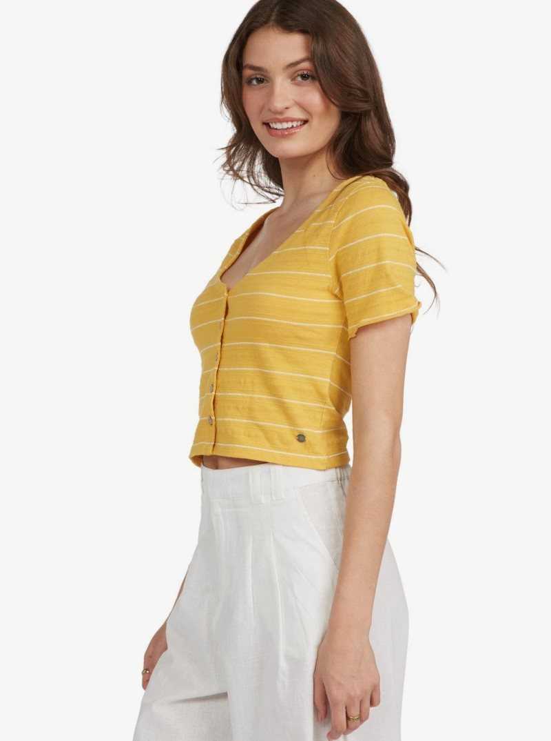 Roxy Uncomplicated Mind Button Up Top Ochre Beachy Yarn | MTYIN-6831