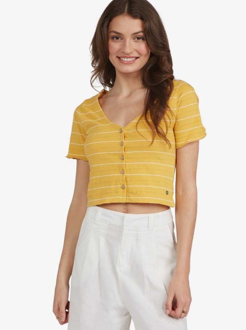 Roxy Uncomplicated Mind Button Up Top Ochre Beachy Yarn | MTYIN-6831