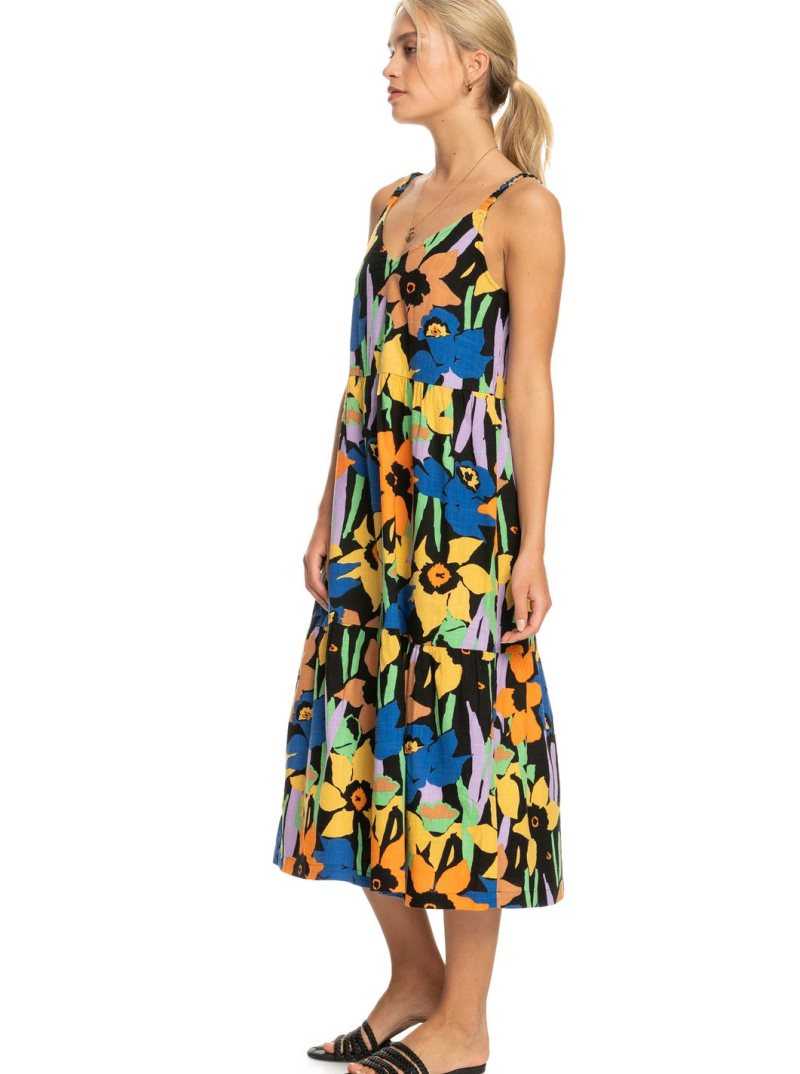 Roxy Waiting Line Printed Midi Dress Anthracite Flower Jammin | STWGU-3584