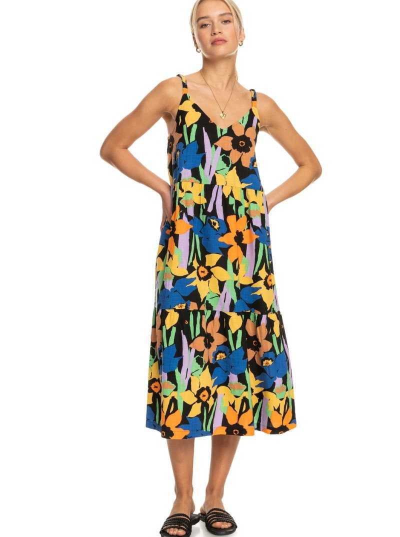 Roxy Waiting Line Printed Midi Dress Anthracite Flower Jammin | STWGU-3584