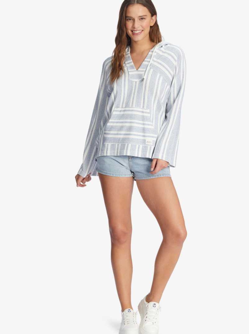 Roxy Wild And Free Poncho Style Hoodie Snow White Beachside Stripe | YNAJM-1230