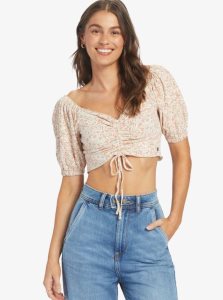 Roxy Flirty Walk Printed Ruched Crop Top Tapioca Pretty Paisley | IFBNA-5382