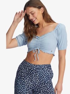 Roxy Flirty Walk Puff Sleeve Crop Top Powder Blue | VICGZ-5897